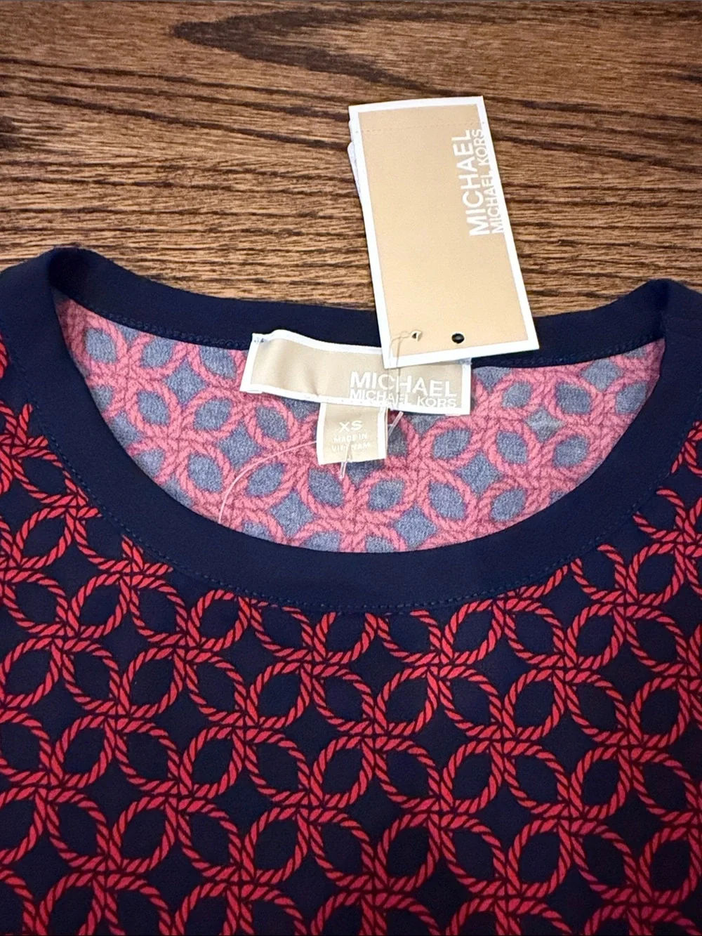 NWT Michael Kors Red & Navy Patterned Long-Sleeve Dress